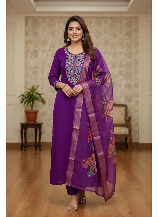 Premium Roman Silk Embroidered Kurti Pant Dupatta Set – Festive Collection