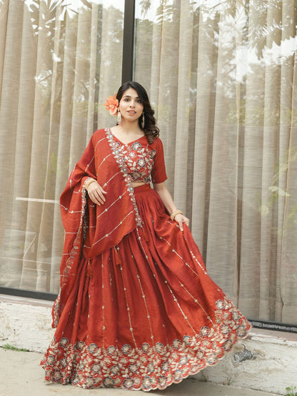 Designer Rust Orange Embroidery Lehenga Set