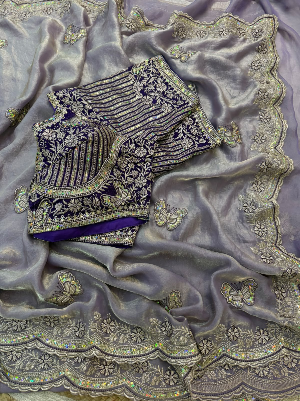 Sabyasachi Inspired Space Silk Saree with Butterfly Embroidery & Stitched Blouse