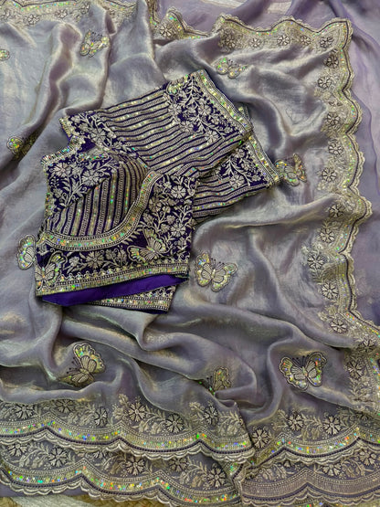 Sabyasachi Inspired Space Silk Saree with Butterfly Embroidery & Stitched Blouse