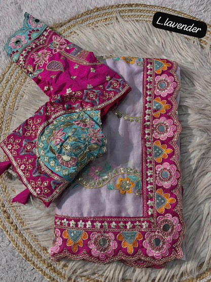 Premium Rangoli Silk Designer Saree with Embroidery & Mirror Work Blouse