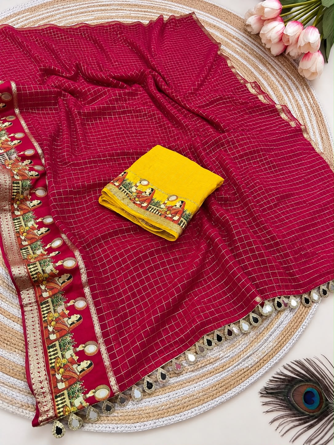 Karwa Chauth Special Viscose Checks Saree with Zari & Mirror Work Satin Border