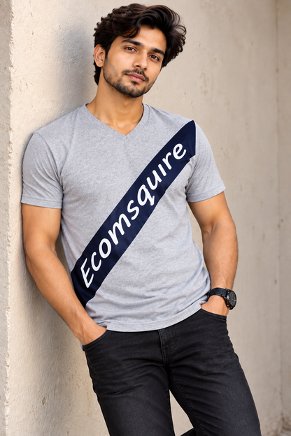 EcomSquire Premium Grey V-Neck T-Shirt with Diagonal Logo Design | Trusted by Customers Across the USA