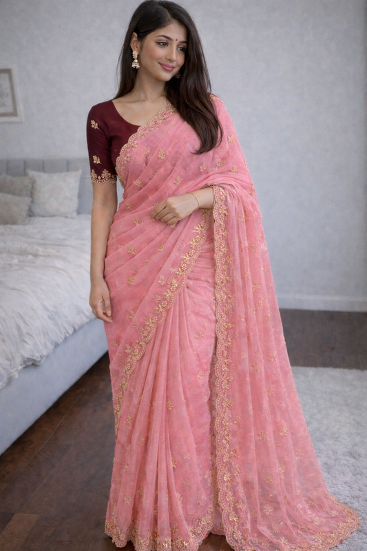 Soft Twills Organza Saree with All Over Handwork & Designer Border