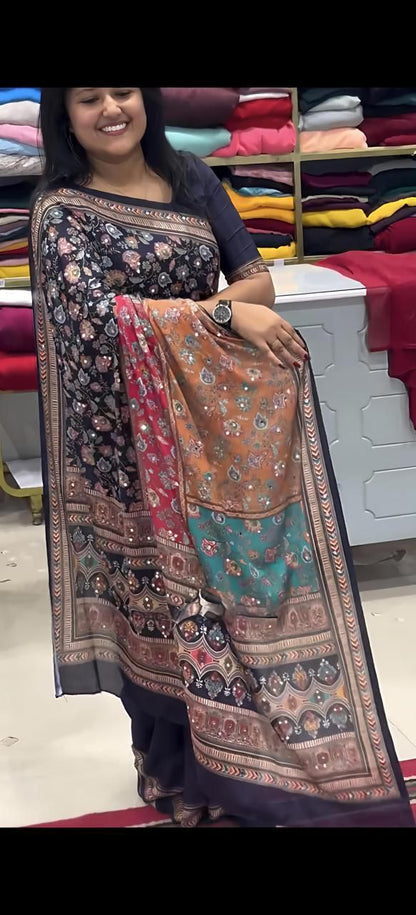 Yellow Mirror Chinon Saree with Digital Print & Mirror Work