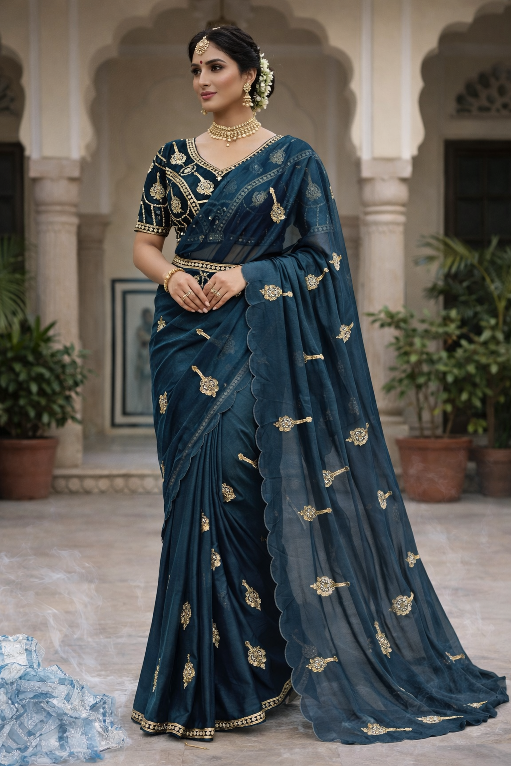 Bollywood Style Fandy Satin Saree with Khatli Embroidery Work & Designer Blouse