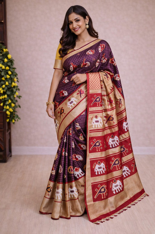 Soft Lichi Printed Saree with Elephant Border