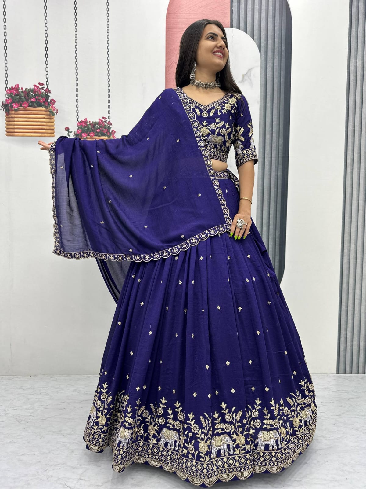 Festival Special Vichitra Silk Embroidered Lehenga Choli with Dupatta – Royal Blue & Rani Pink