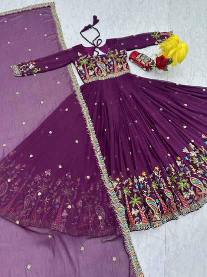 Embroidered Georgette Festive Gown with Dupatta