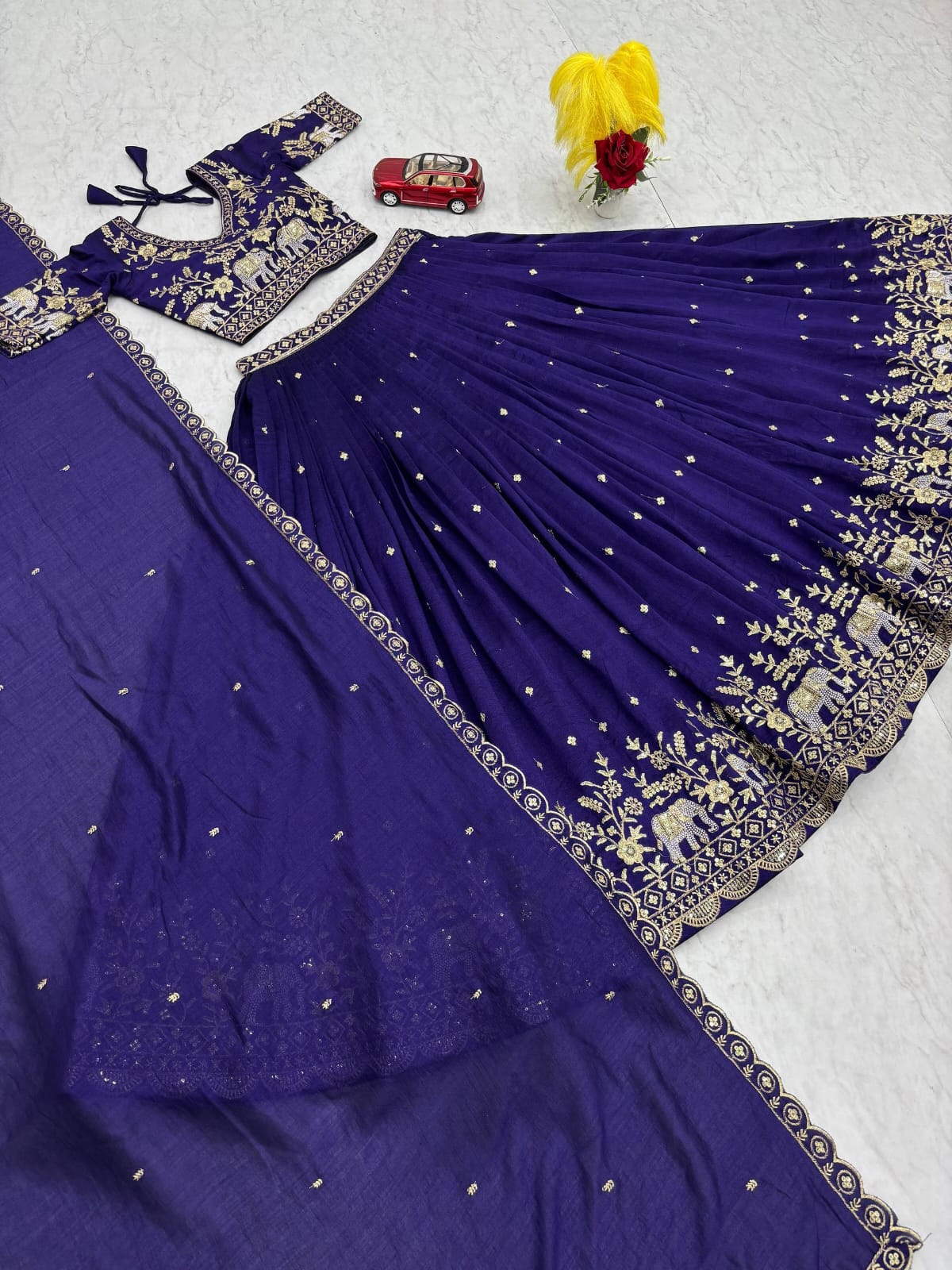 Festival Special Vichitra Silk Embroidered Lehenga Choli with Dupatta – Royal Blue & Rani Pink