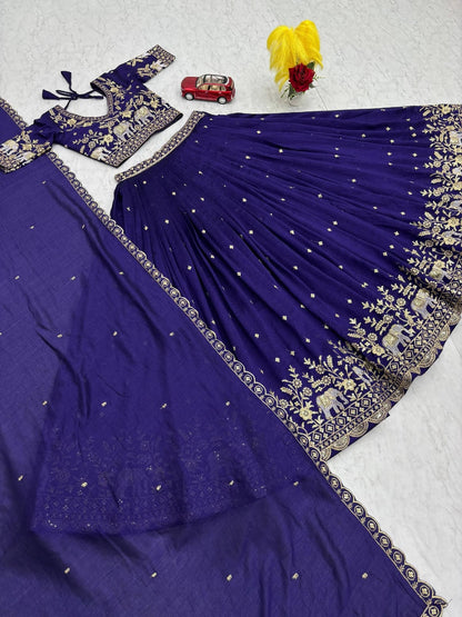 Festival Special Vichitra Silk Embroidered Lehenga Choli with Dupatta – Royal Blue & Rani Pink