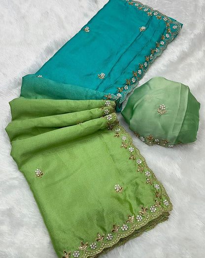 Double Shade Chinnon Saree with Embroidery & Moti Work Designer Border