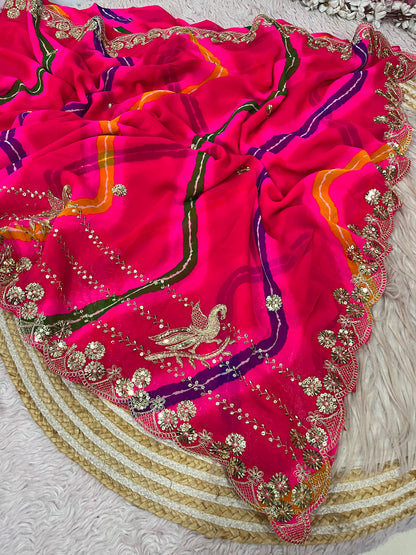 Premium Pink Organza Silk Saree with Heavy Embroidery & Mirror Work | Designer Party Wear Saree