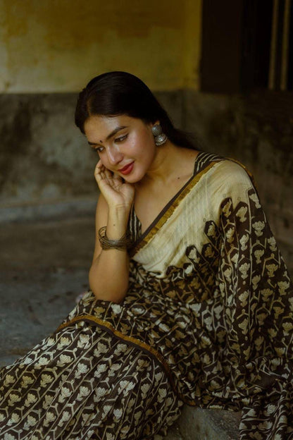Pure Linen Chanderi Saree with Kalamkari Print & Zari Border