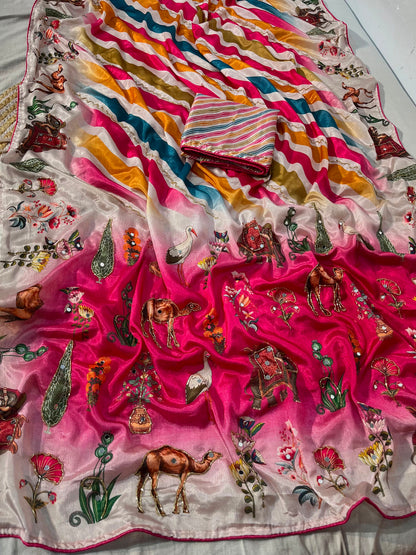 Beautiful Rajasthani Royal Look Soft Chinon Digital Saree with Mirror Work