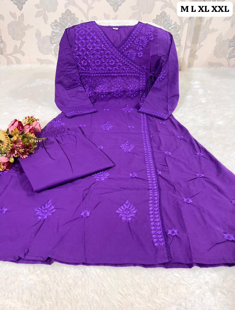 Cotton Chikankari Angrakha Pant Set