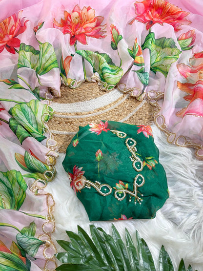 Pure Soft Teby Silk Floral Print Saree with Khatli Moti Border & Designer Blouse