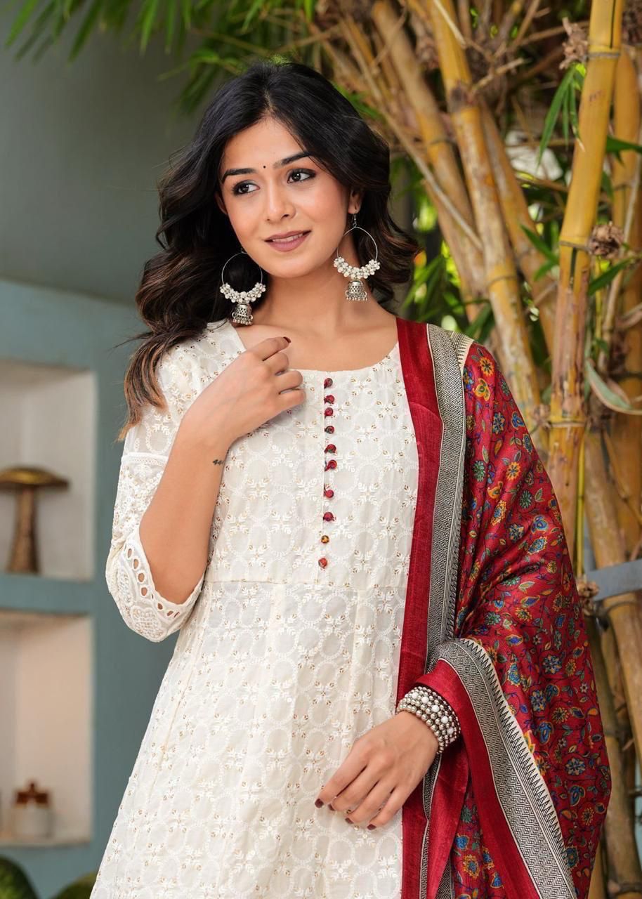 Pure Chikankari Cotton Anarkali Kurti Pant Dupatta Set – Summer Collection