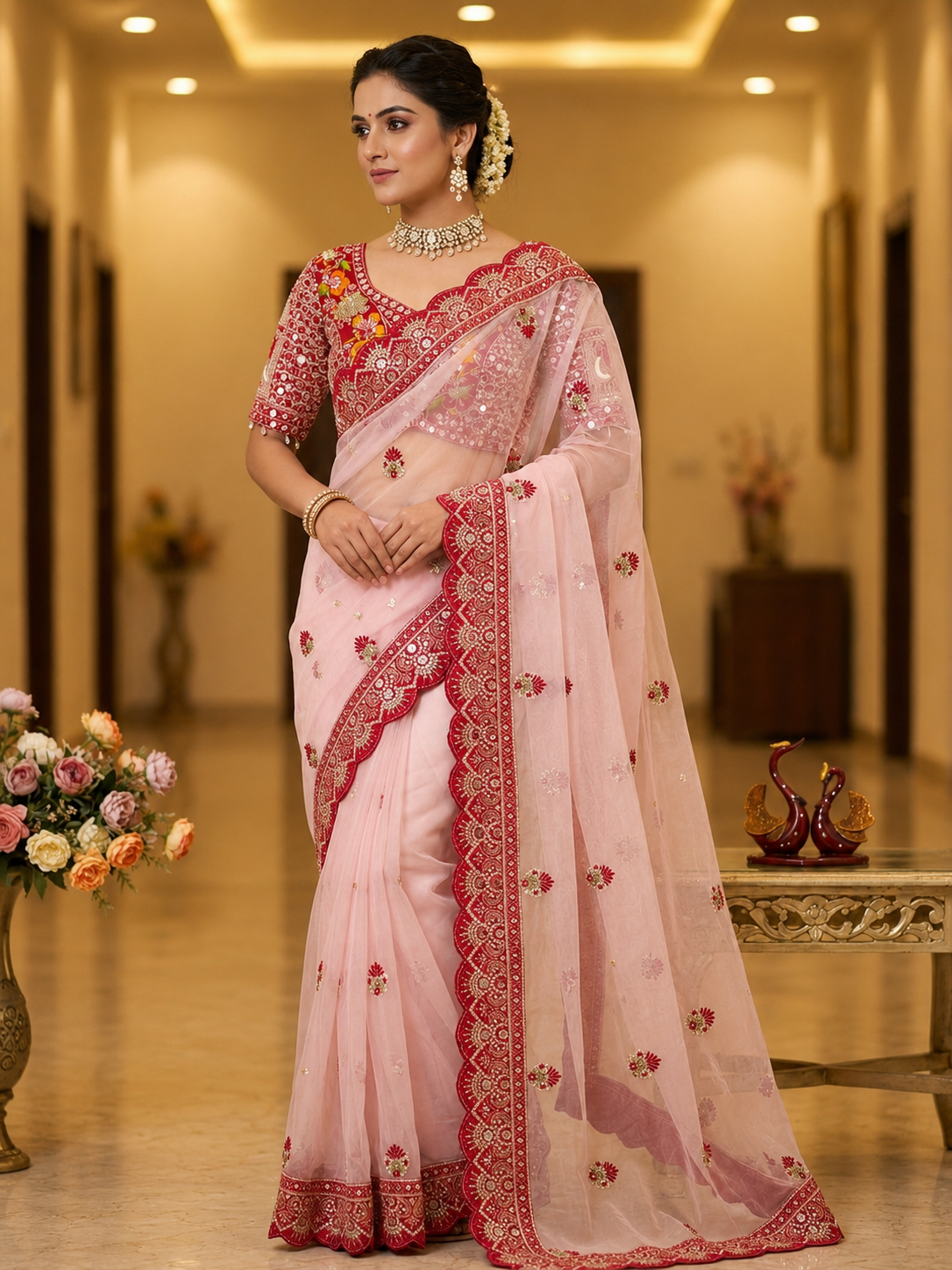 Soft Butterfly Net Saree with Sequins & Multi Thread Embroidery | Full Stitch Blouse