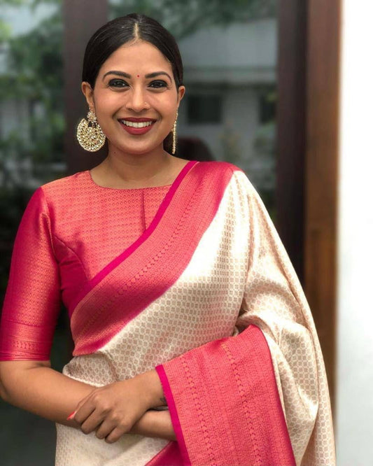 Pink Cream Silk Saree