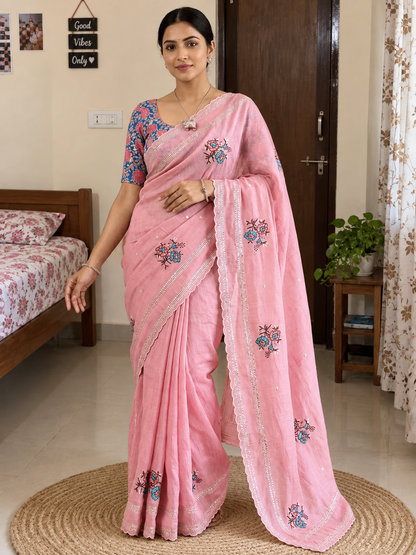 Star Georgette Saree with All Over Floral Embroidery & Digital Print Blouse