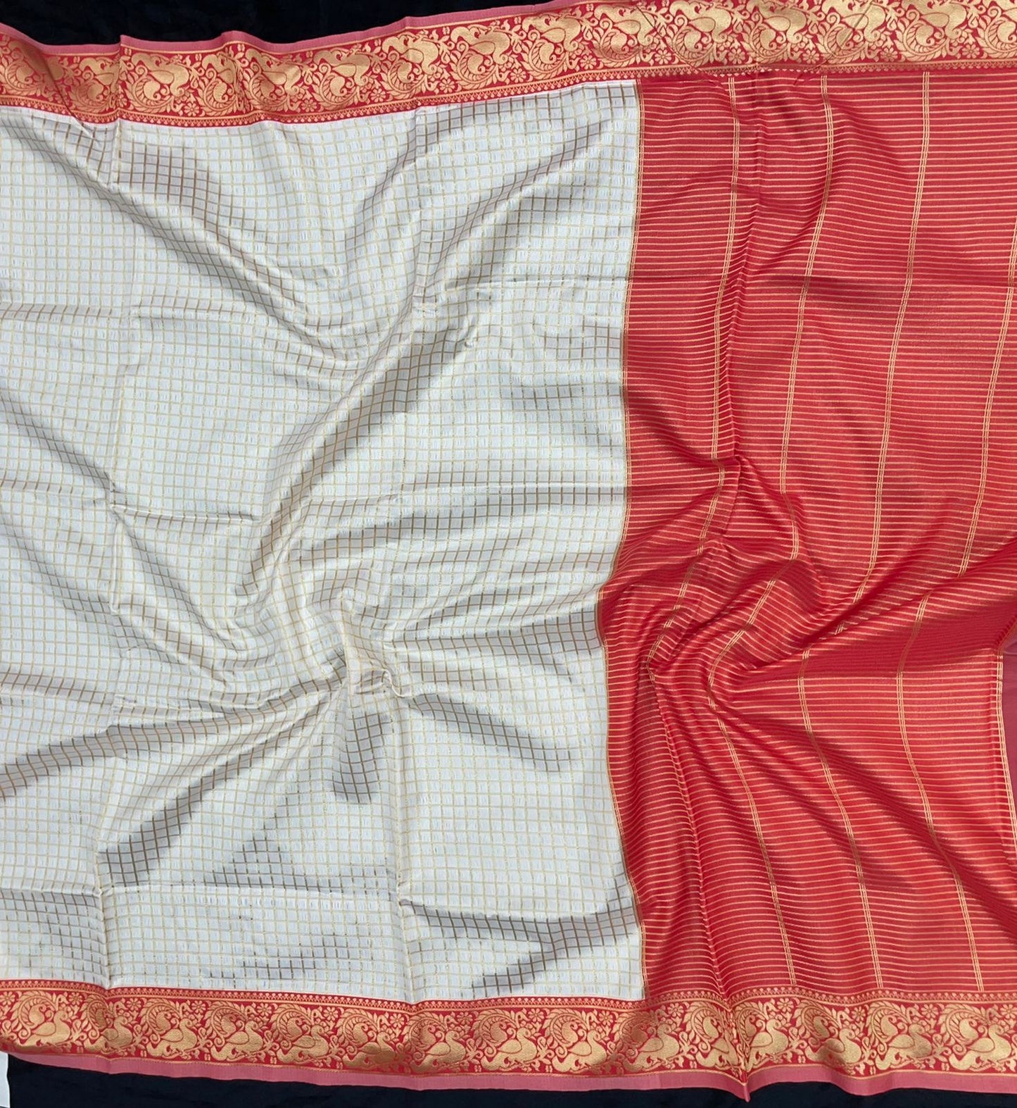 Off White Saree with Red Traditional Border