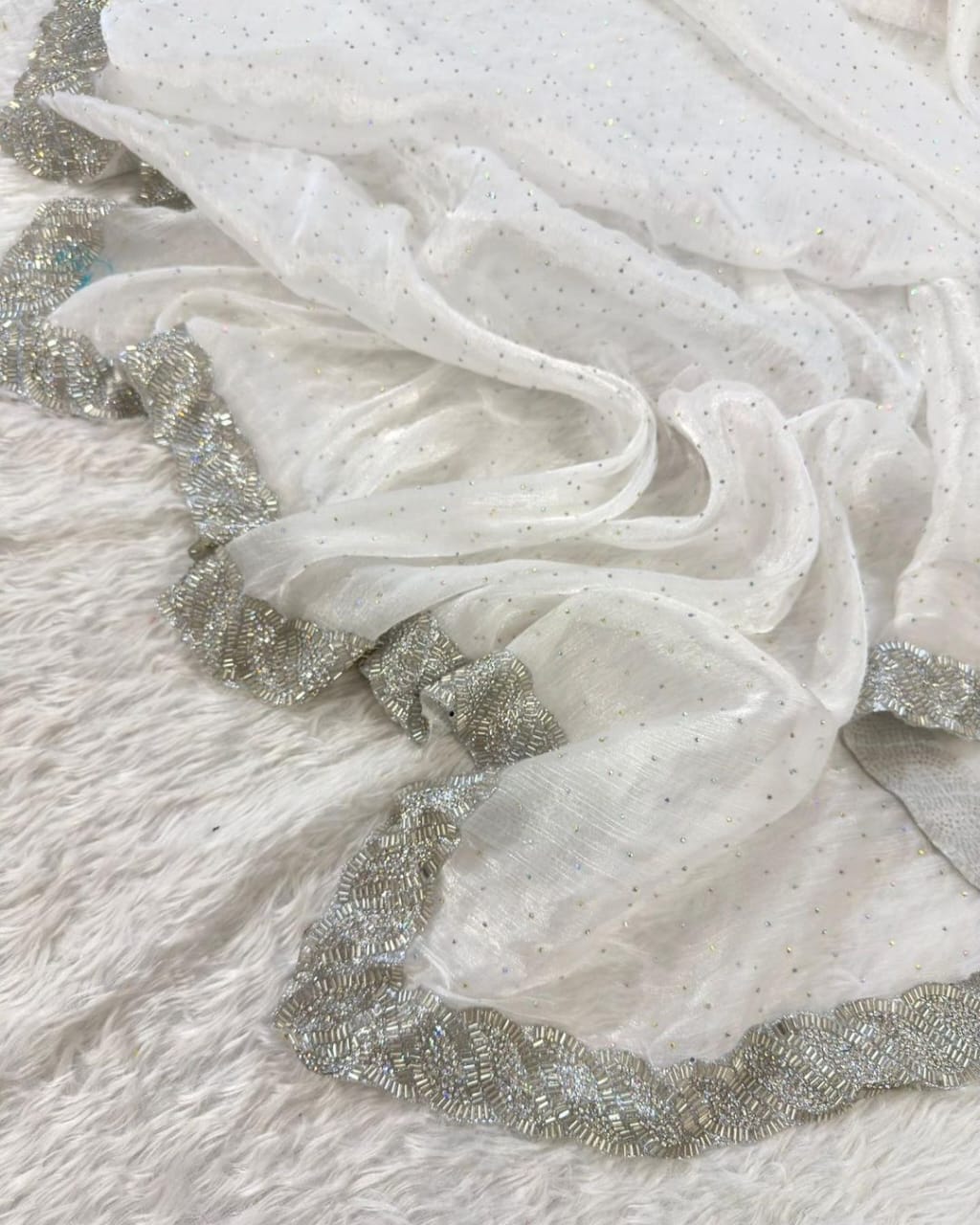 Elegant Jimmy Choo Saree with Handwork Lace Border & Cutwork Design
