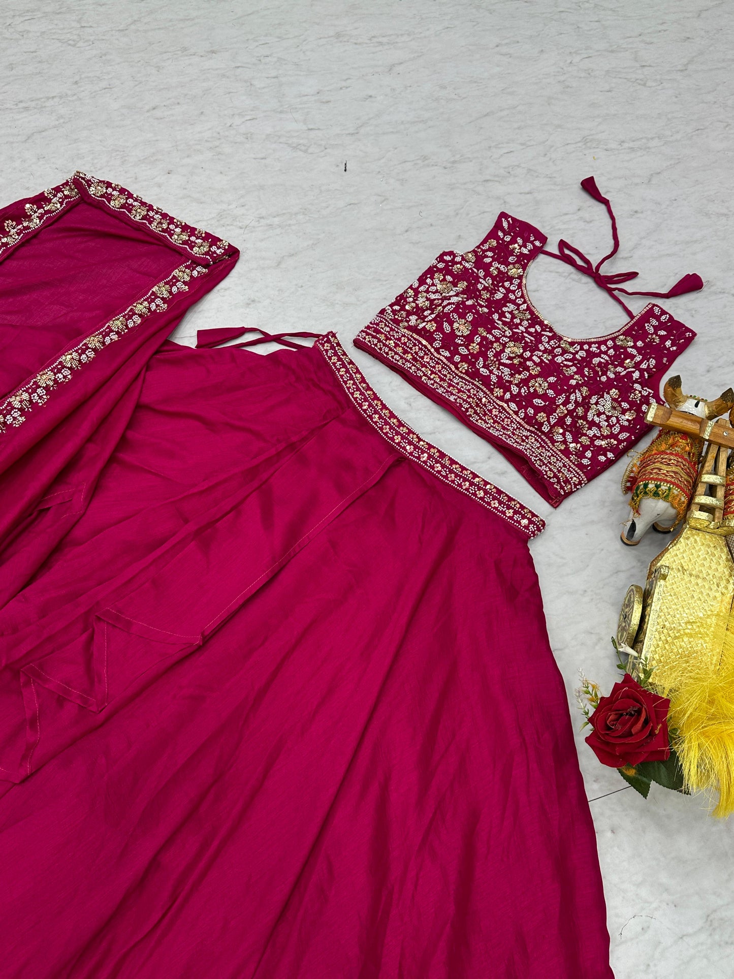 Wedding Special Vichitra Silk Lehenga Choli with Heavy Embroidery & Shrug Style Dupatta