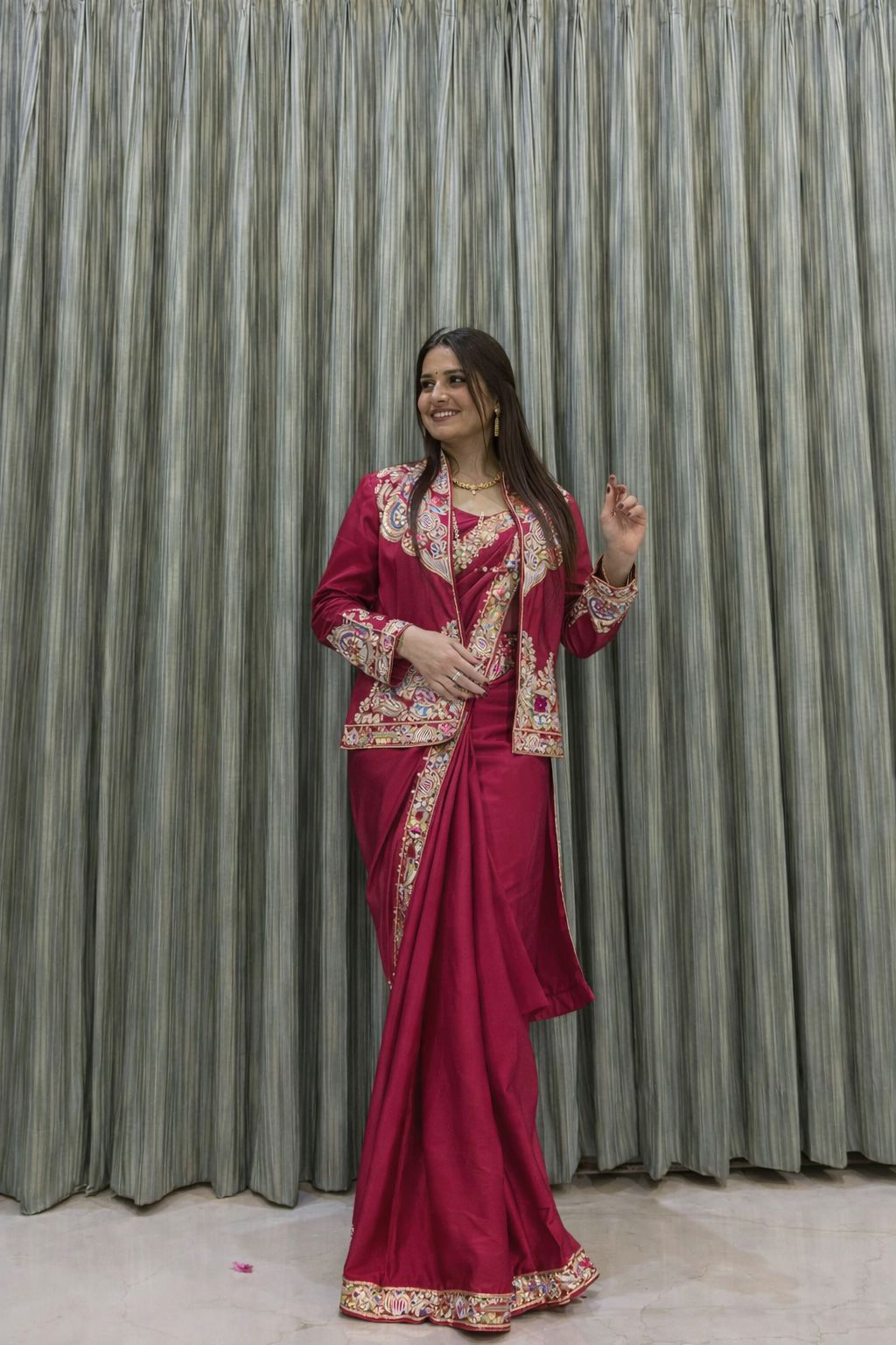 Ready to Wear Crepe Saree with Embroidery Sequence Jacket (Full Stitched)