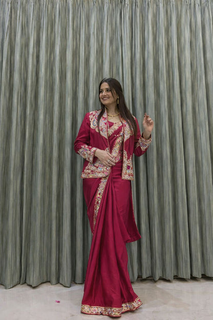 Ready to Wear Crepe Saree with Embroidery Sequence Jacket (Full Stitched)