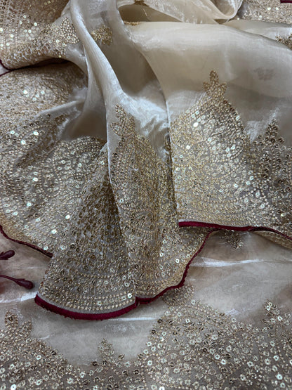 Cream Soft Jimmy Chuu Saree with Sequins & Zari Embroidery Work