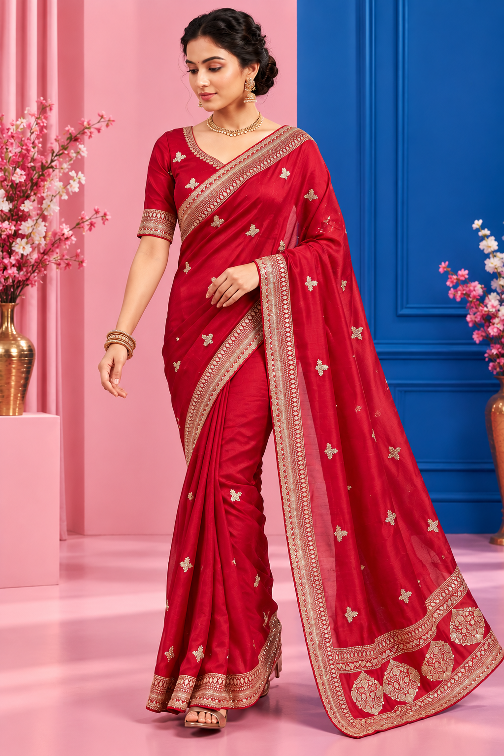 Premium Vichitra Silk Saree with Heavy Zari Sequins Work, Butti & Cutwork Border