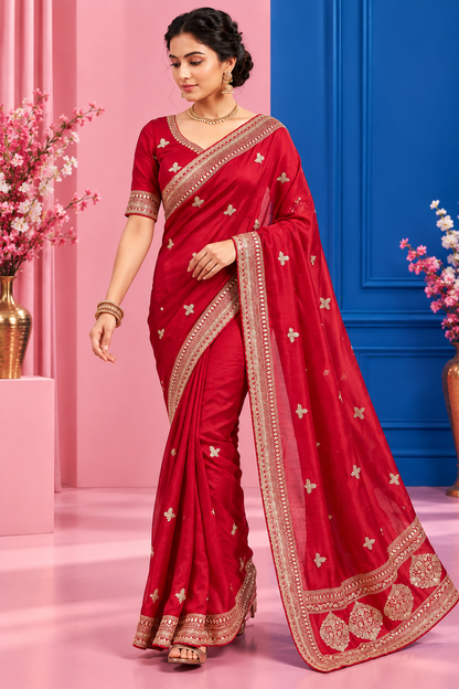 Premium Vichitra Silk Saree with Heavy Zari Sequins Work, Butti & Cutwork Border