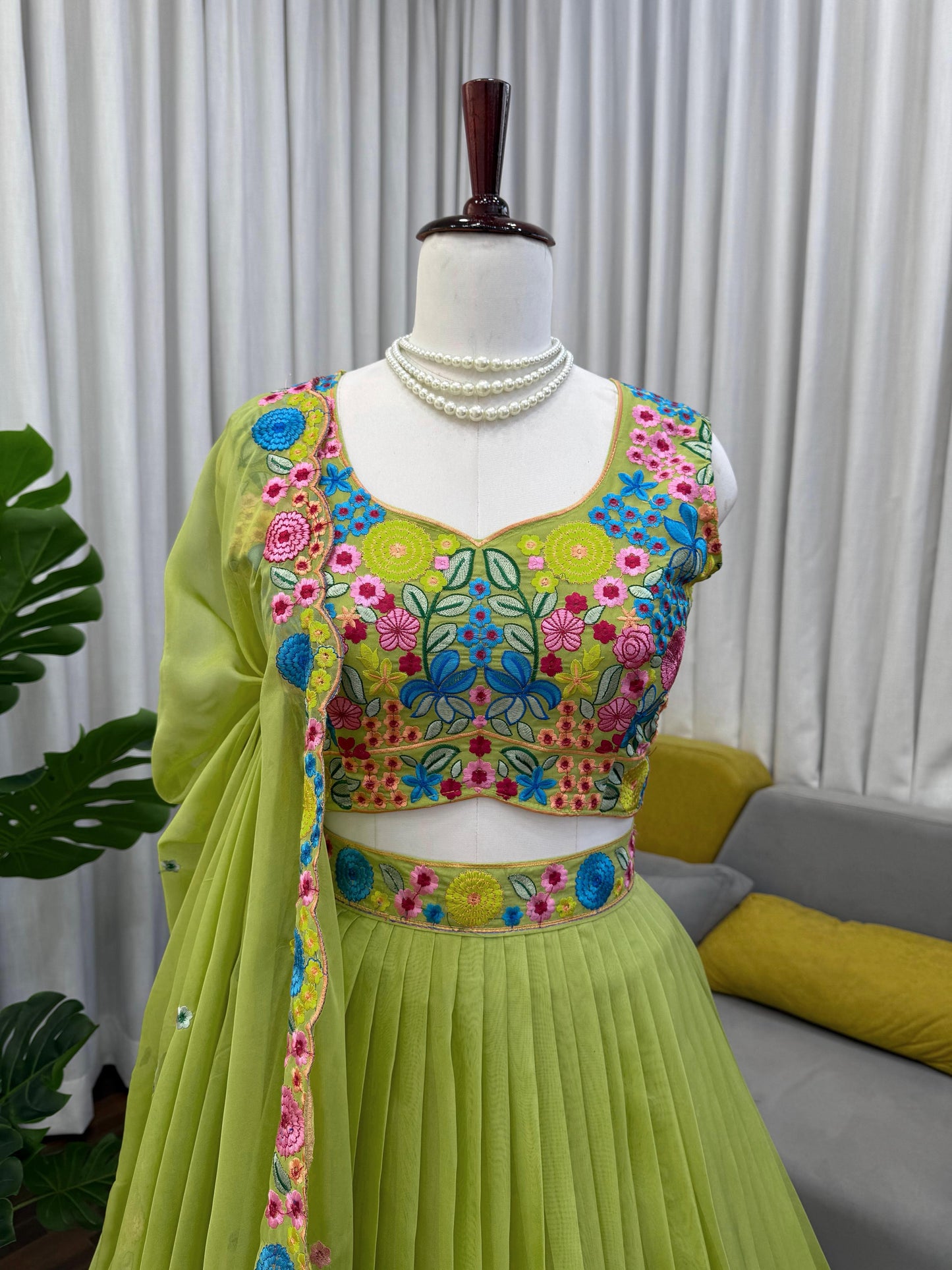 Parrot Green Floral Embroidered Organza Silk Lehenga Choli with Dupatta