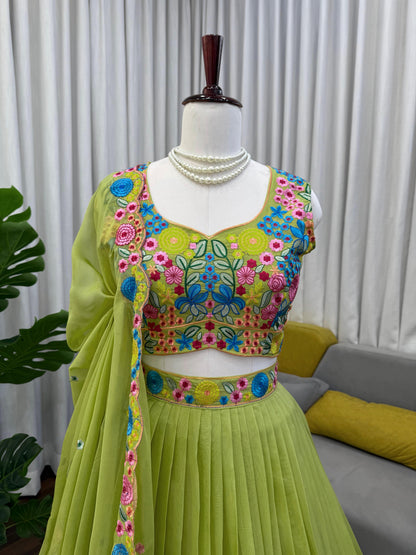 Parrot Green Floral Embroidered Organza Silk Lehenga Choli with Dupatta