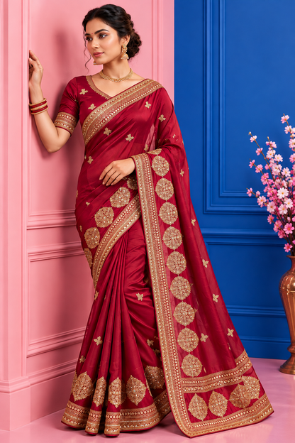 Premium Vichitra Silk Saree with Heavy Zari Sequins Work, Butti & Cutwork Border
