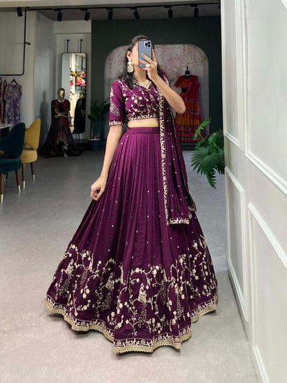 Elegant Chinnon Silk Embroidered Lehenga Choli with Zari Work & Gotta Patti Dupatta