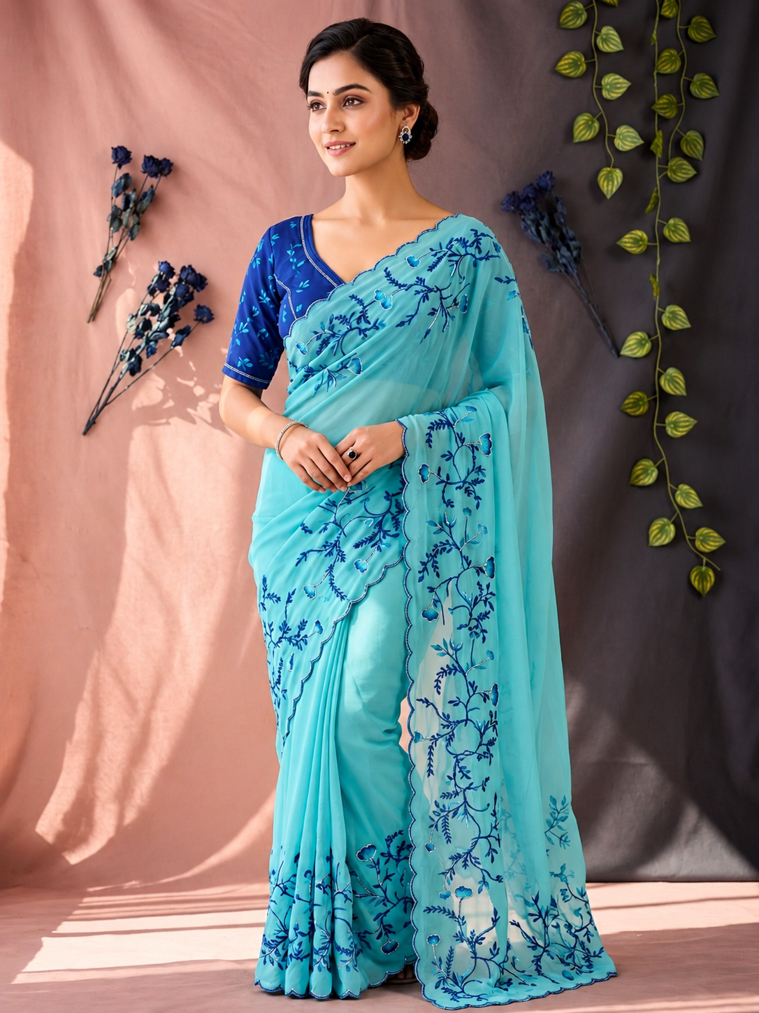 Radhika Teby Silk Saree with Digital Floral Print, Khatli & Cutdana Work
