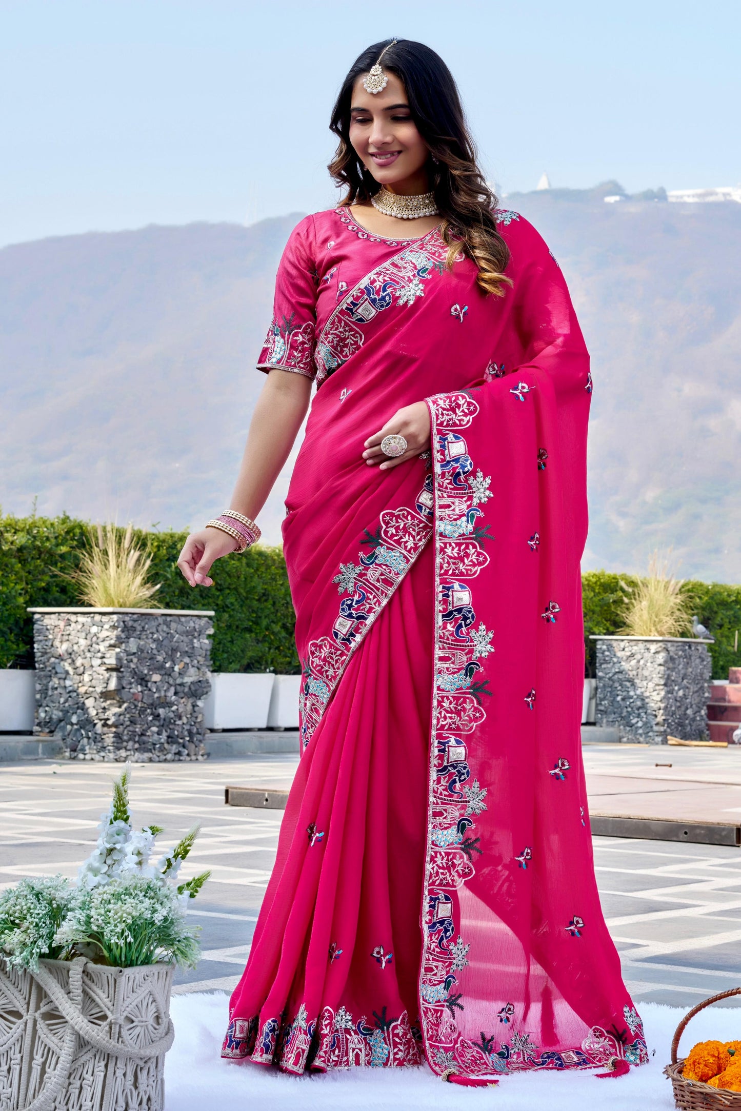 Pure Satin Chiffon Embroidery Wedding Saree with Latkan & Mono Silk Blouse – Festival Special