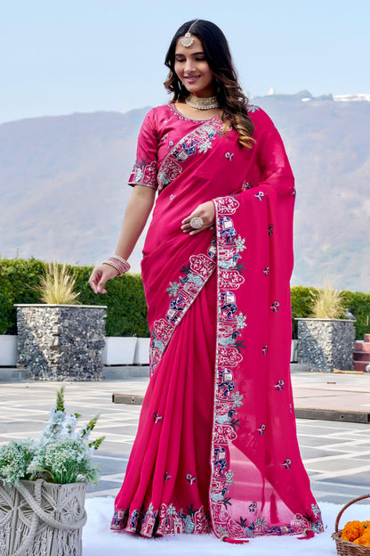 Pure Satin Chiffon Embroidery Wedding Saree with Latkan & Mono Silk Blouse – Festival Special