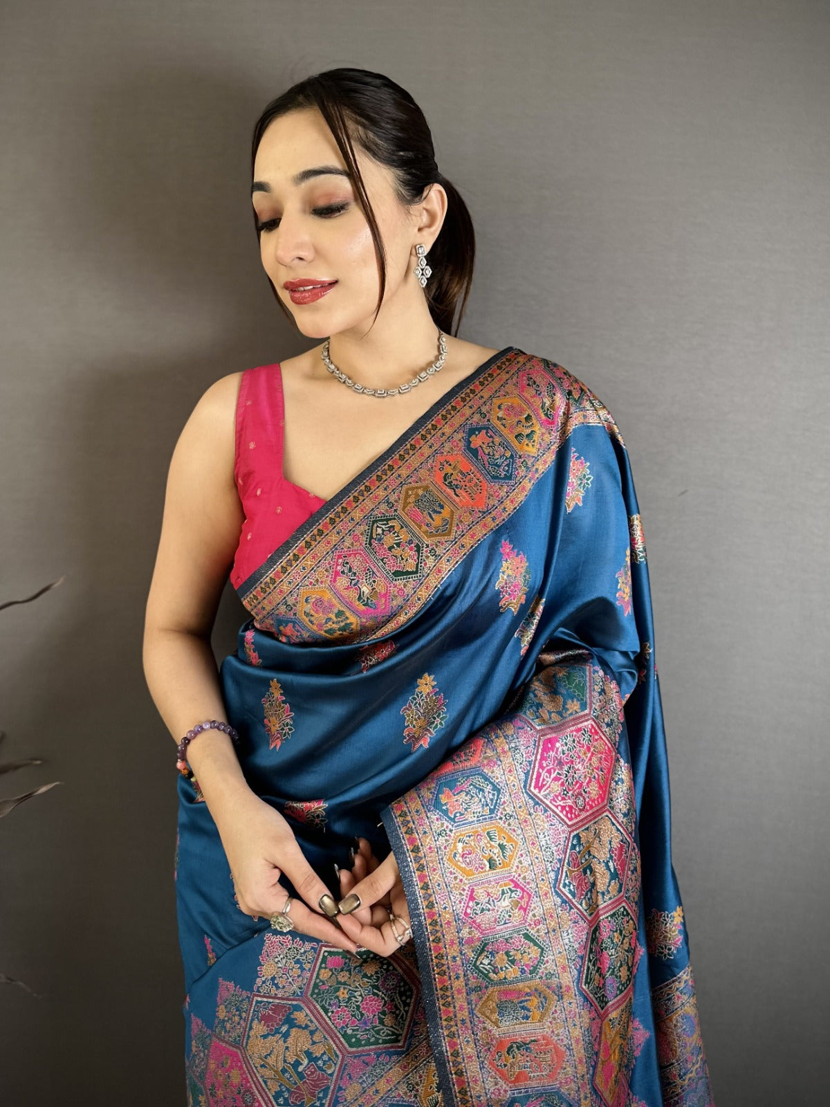 Pashmina Silk Kashmiri Saree With Meenakari Zari Weaving Border & Rich Pallu
