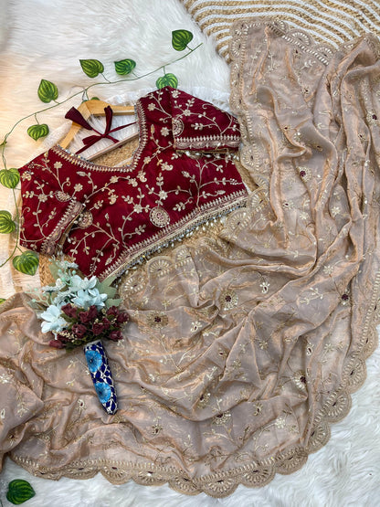 Ananya Soft Satin Silk Embroidery Saree with Heavy Border & Stitched Blouse