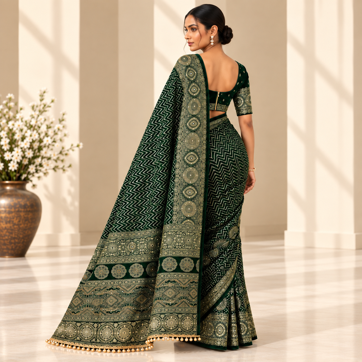 Pure Arjakh Satin Viscose Silk Saree with Original Mirror Work, Designer Print & Blouse