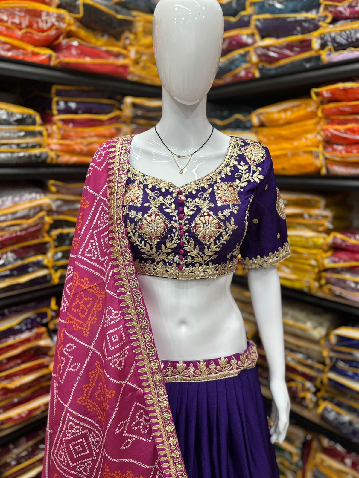 Purple Chinon Embroidery Lehenga Choli with Gotta Patti Work | Full Stitched