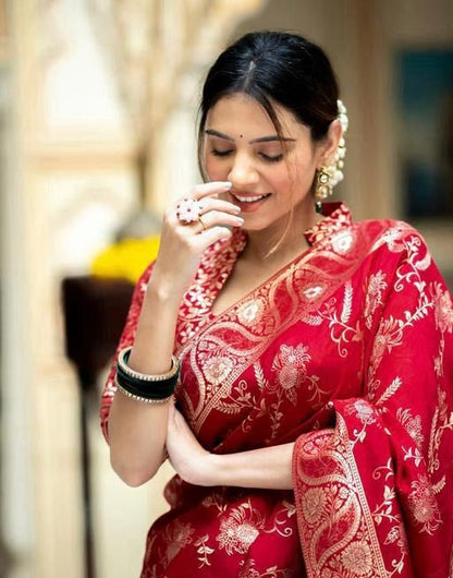Red Floral Woven Saree