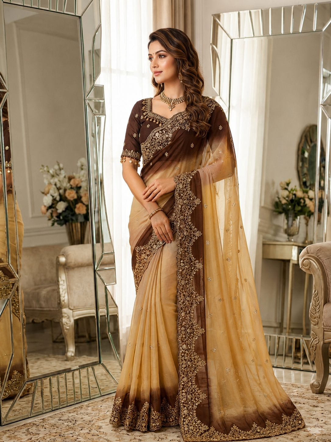 Shipra Embroidered Moss Saree with Sequins Border & Designer Stitched Blouse
