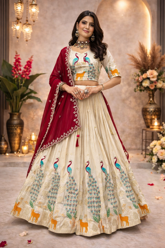 Wedding Special Tissue Silk Peacock Embroidered Lehenga Choli With Dupatta