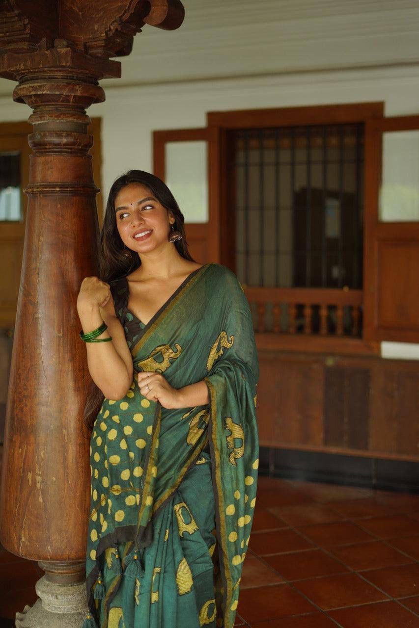 Pure Linen Chanderi Saree with Kalamkari Print & Zari Border