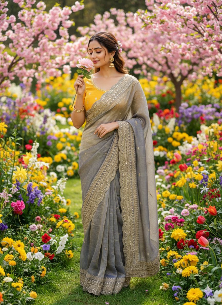 Elegant Space Chiffon Embroidery Saree with Scallop Border