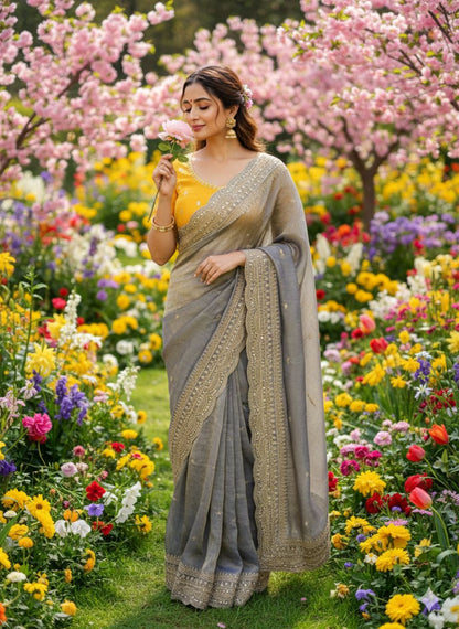 Elegant Space Chiffon Embroidery Saree with Scallop Border